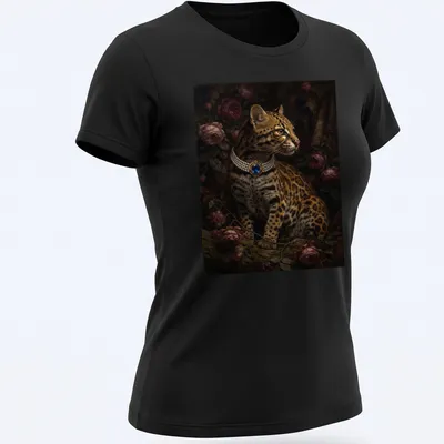 Realistic portrait of an ocelot adorned with a blue sapphire brooch — printed on a women's shirt