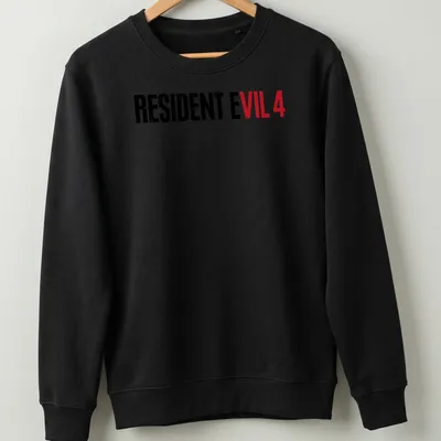 Bold distressed Resident Evil 4 t-shirt with graphic text in black and red — printed on a unisex sweatshirt