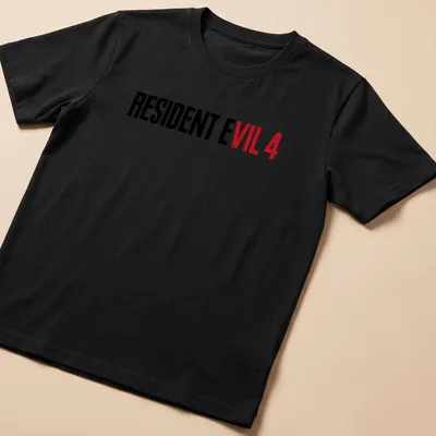 Bold distressed Resident Evil 4 t-shirt with graphic text in black and red