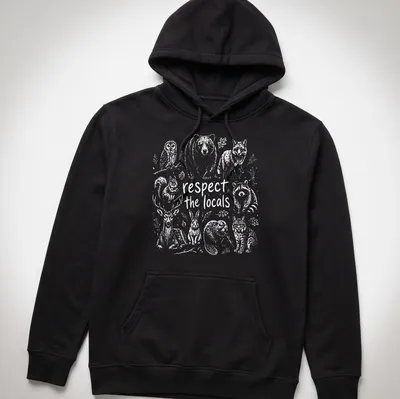 Illustrative design featuring forest wildlife with the text 'respect the locals' — printed on a unisex hoodie