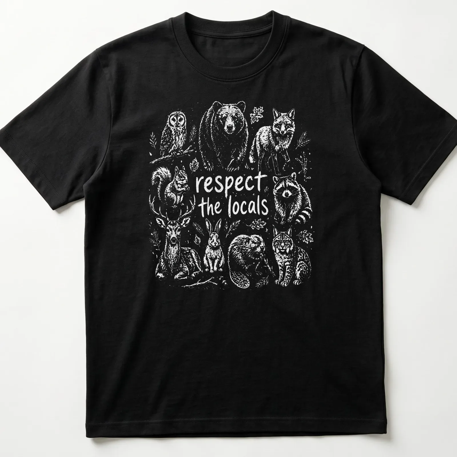 Illustrative design featuring forest wildlife with the text 'respect the locals' — printed on a unisex t-shirt