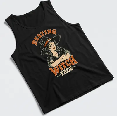 Retro illustration of a witch with text reading Resting Witch Face in Halloween colors — printed on a tank top