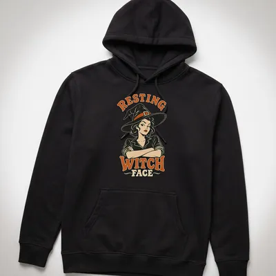 Retro illustration of a witch with text reading Resting Witch Face in Halloween colors — printed on a unisex hoodie