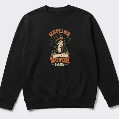 Retro illustration of a witch with text reading Resting Witch Face in Halloween colors — printed on a unisex sweatshirt