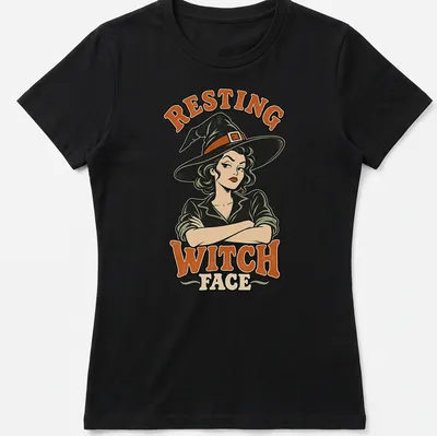 Retro illustration of a witch with text reading Resting Witch Face in Halloween colors — printed on a women's shirt