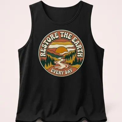 Retro circular design with text and a landscape featuring a sun and river. — printed on a tank top