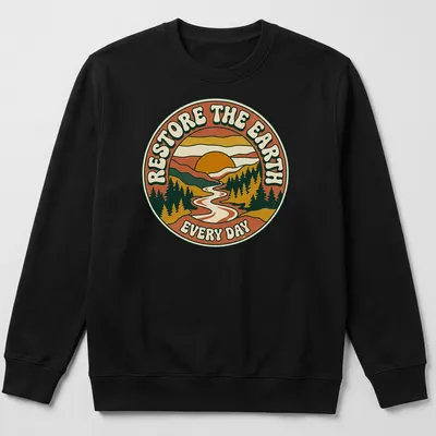 Retro circular design with text and a landscape featuring a sun and river. — printed on a unisex sweatshirt