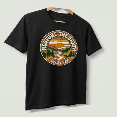 Retro circular design with text and a landscape featuring a sun and river. — printed on a unisex t-shirt (angled view)