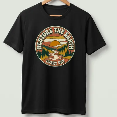 Retro circular design with text and a landscape featuring a sun and river.