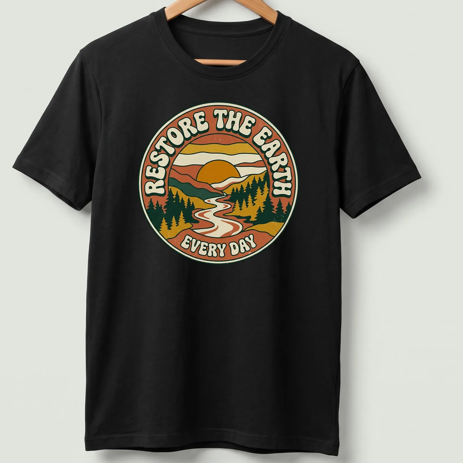 Retro circular design with text and a landscape featuring a sun and river. — printed on a unisex t-shirt