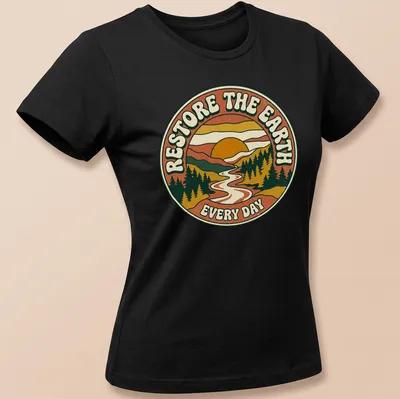 Retro circular design with text and a landscape featuring a sun and river. — printed on a women's shirt
