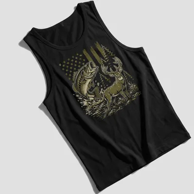 Vintage-style T-shirt featuring a bass fish and deer in olive green and brown — printed on a tank top