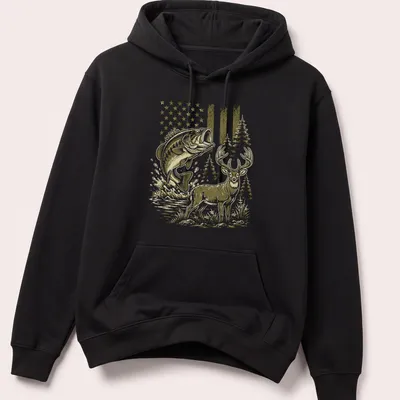 Vintage-style T-shirt featuring a bass fish and deer in olive green and brown — printed on a unisex hoodie