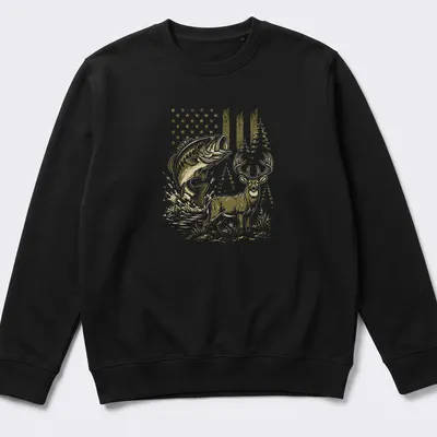 Vintage-style T-shirt featuring a bass fish and deer in olive green and brown — printed on a unisex sweatshirt