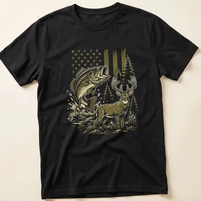 Vintage-style T-shirt featuring a bass fish and deer in olive green and brown