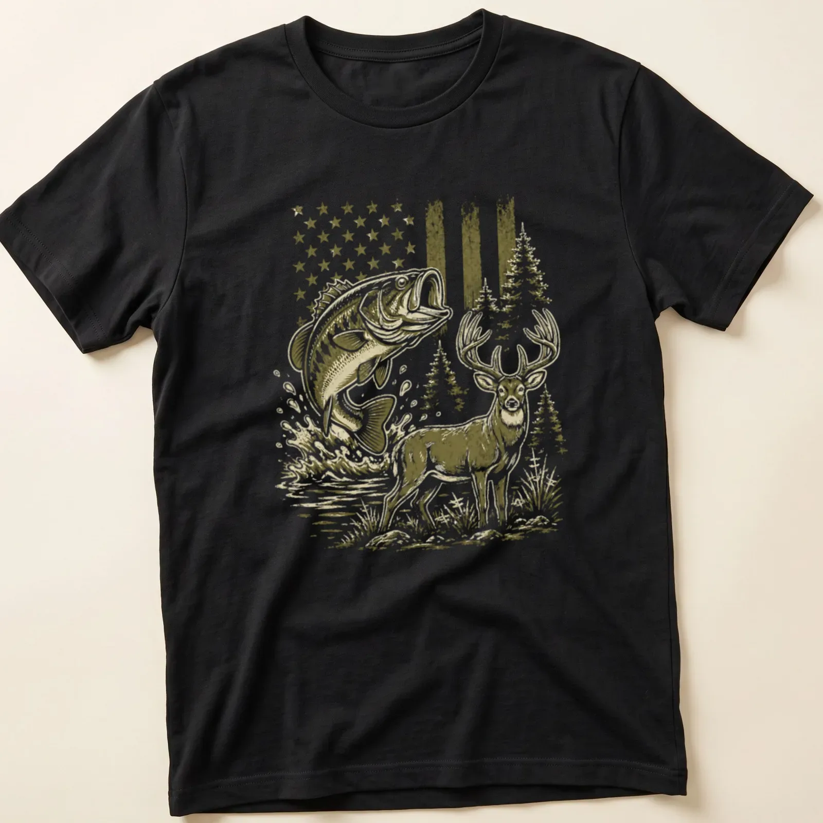 Vintage-style T-shirt featuring a bass fish and deer in olive green and brown — printed on a unisex t-shirt