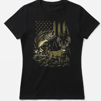 Vintage-style T-shirt featuring a bass fish and deer in olive green and brown — printed on a women's shirt