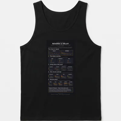 Infographic design featuring Reverb and Delay Effects chart in black, orange, and white — printed on a tank top