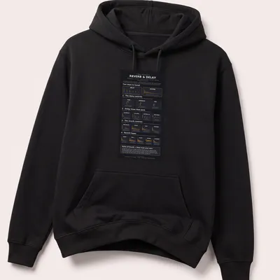 Infographic design featuring Reverb and Delay Effects chart in black, orange, and white — printed on a unisex hoodie