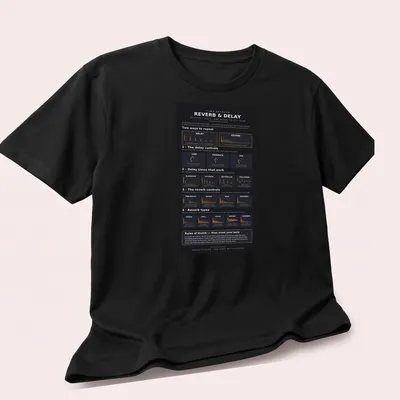 Infographic design featuring Reverb and Delay Effects chart in black, orange, and white — printed on a unisex t-shirt (angled view)