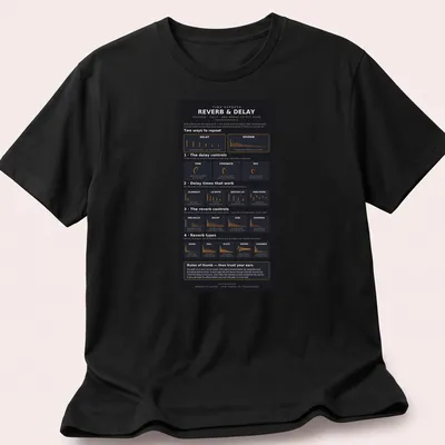 Infographic design featuring Reverb and Delay Effects chart in black, orange, and white