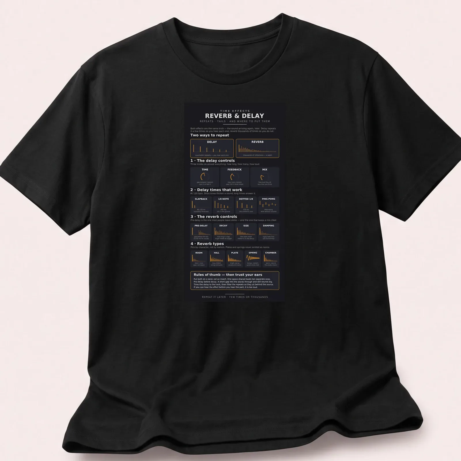 Infographic design featuring Reverb and Delay Effects chart in black, orange, and white — printed on a unisex t-shirt
