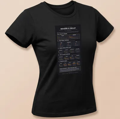 Infographic design featuring Reverb and Delay Effects chart in black, orange, and white — printed on a women's shirt