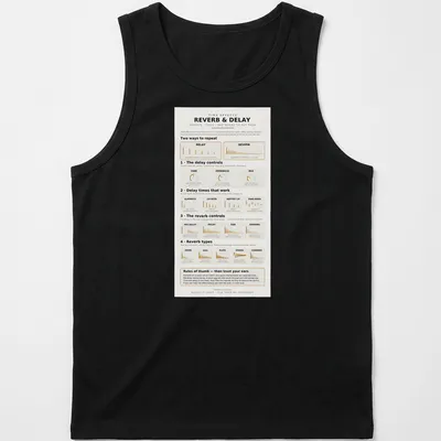 Infographic T-shirt featuring Reverb & Delay sound effects chart in orange, yellow, black, and white. — printed on a tank top