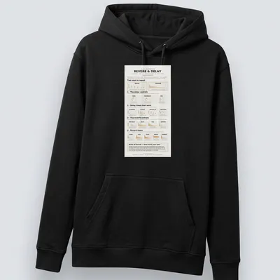 Infographic T-shirt featuring Reverb & Delay sound effects chart in orange, yellow, black, and white. — printed on a unisex hoodie