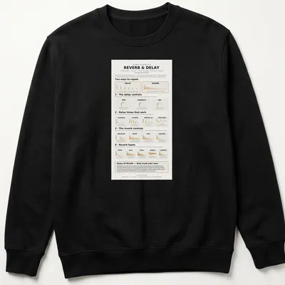Infographic T-shirt featuring Reverb & Delay sound effects chart in orange, yellow, black, and white. — printed on a unisex sweatshirt