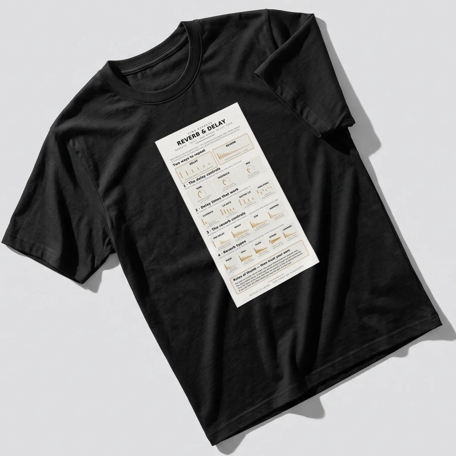Infographic T-shirt featuring Reverb & Delay sound effects chart in orange, yellow, black, and white. — printed on a unisex t-shirt
