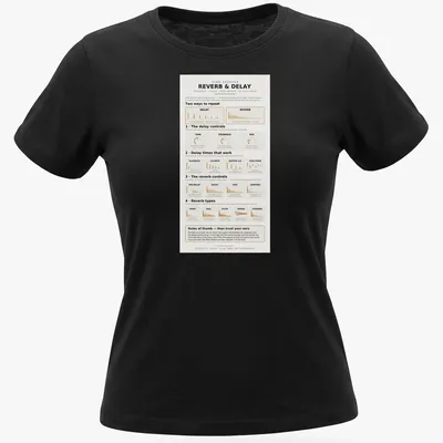 Infographic T-shirt featuring Reverb & Delay sound effects chart in orange, yellow, black, and white. — printed on a women's shirt