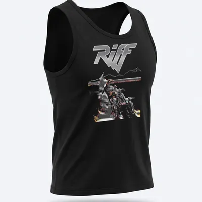 Bold graphic ATV rider t-shirt with striking 'Riff' text in silver and red — printed on a tank top
