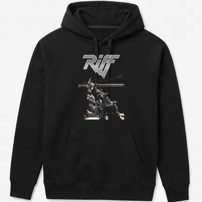 Bold graphic ATV rider t-shirt with striking 'Riff' text in silver and red — printed on a unisex hoodie