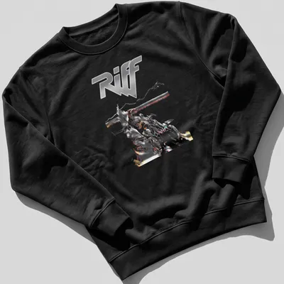 Bold graphic ATV rider t-shirt with striking 'Riff' text in silver and red — printed on a unisex sweatshirt