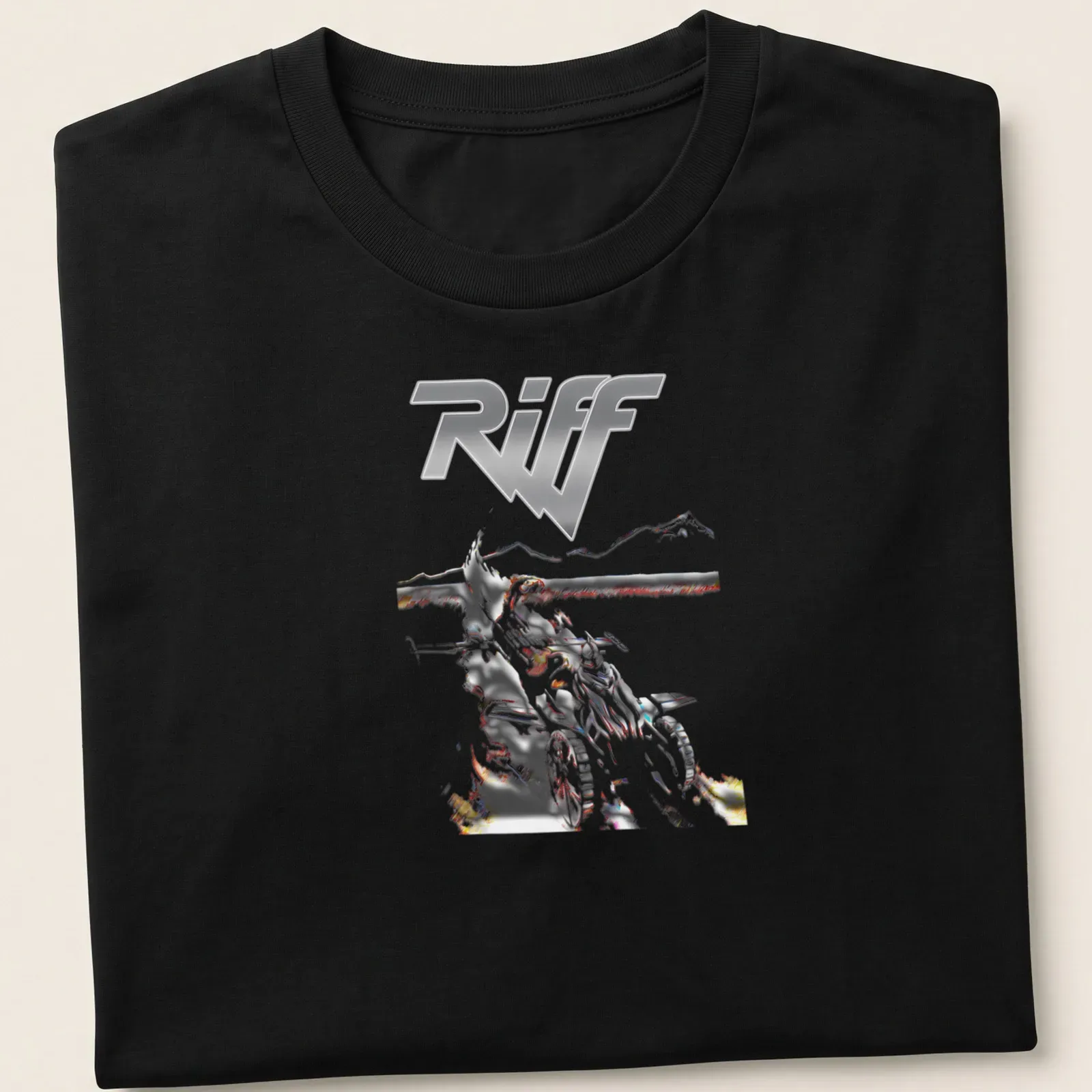 Bold graphic ATV rider t-shirt with striking 'Riff' text in silver and red — printed on a unisex t-shirt