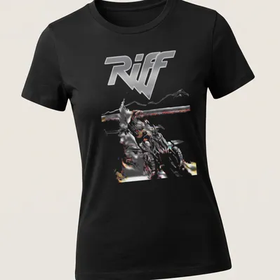 Bold graphic ATV rider t-shirt with striking 'Riff' text in silver and red — printed on a women's shirt