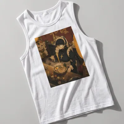 Anime maid character enjoying ramen in warm colors — printed on a tank top