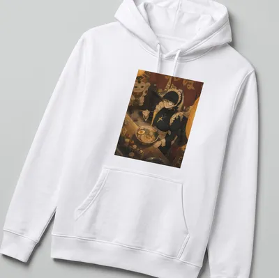 Anime maid character enjoying ramen in warm colors — printed on a unisex hoodie