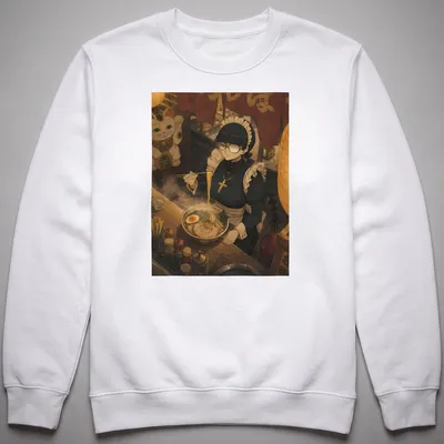 Anime maid character enjoying ramen in warm colors — printed on a unisex sweatshirt