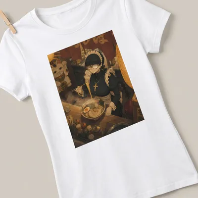 Anime maid character enjoying ramen in warm colors — printed on a women's shirt