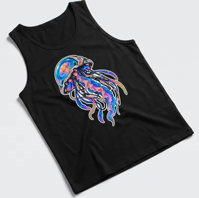 Futuristic robot jellyfish with colorful tentacles in blue, purple, pink and orange — printed on a tank top