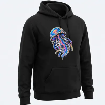 Futuristic robot jellyfish with colorful tentacles in blue, purple, pink and orange — printed on a unisex hoodie
