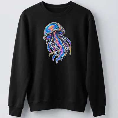 Futuristic robot jellyfish with colorful tentacles in blue, purple, pink and orange — printed on a unisex sweatshirt