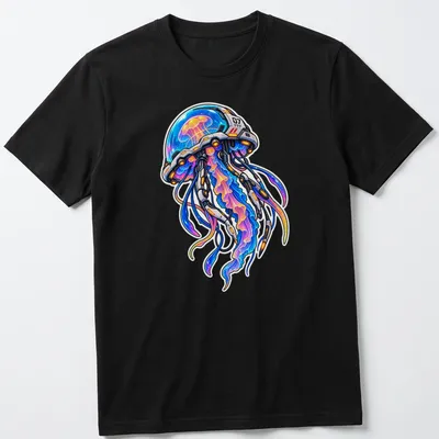 Futuristic robot jellyfish with colorful tentacles in blue, purple, pink and orange