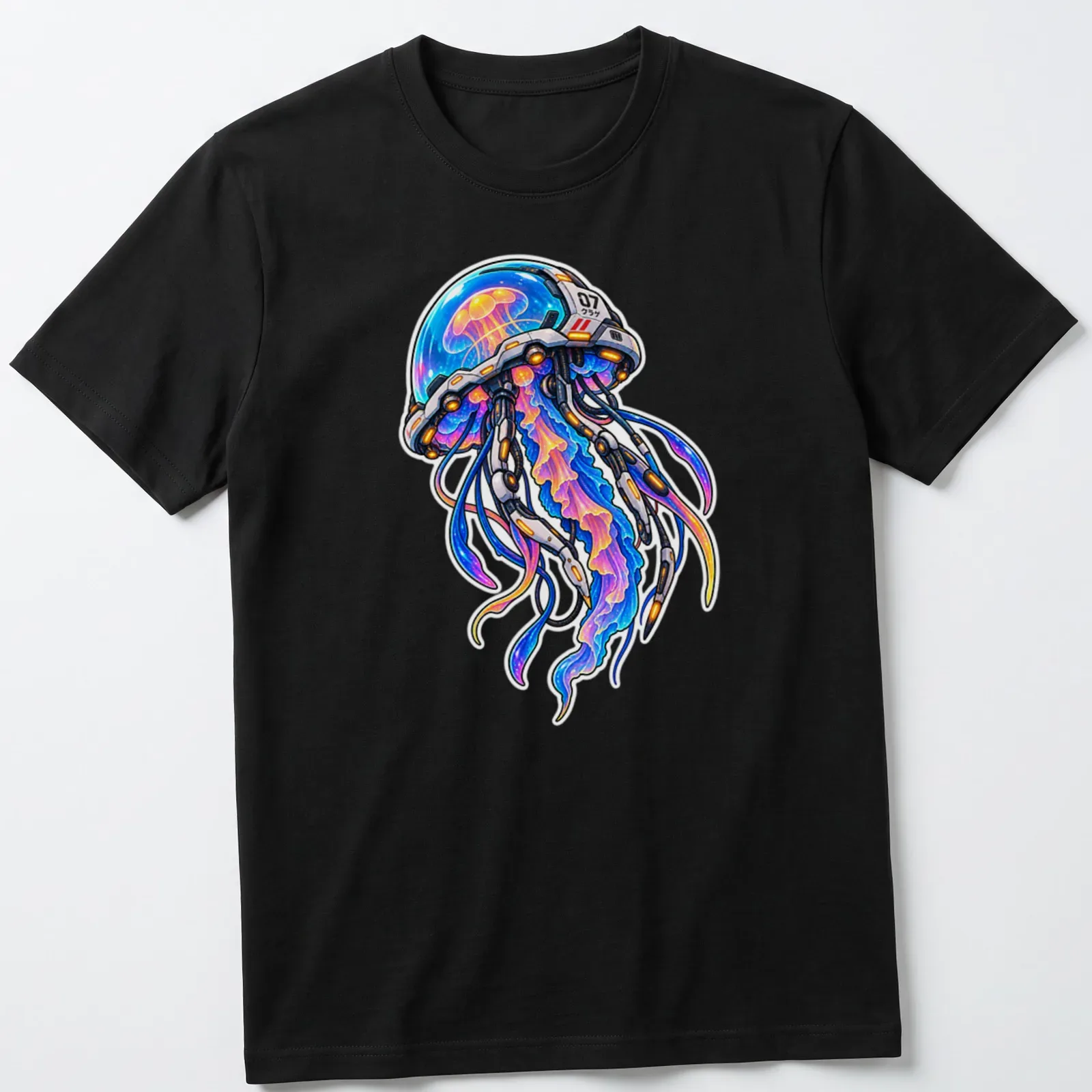 Futuristic robot jellyfish with colorful tentacles in blue, purple, pink and orange — printed on a unisex t-shirt