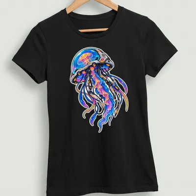 Futuristic robot jellyfish with colorful tentacles in blue, purple, pink and orange — printed on a women's shirt