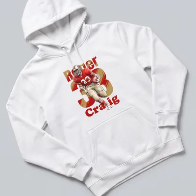 Retro t-shirt featuring Roger Craig 33 in bold lettering and football player imagery — printed on a unisex hoodie