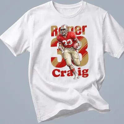 Retro t-shirt featuring Roger Craig 33 in bold lettering and football player imagery