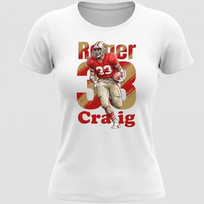 Retro t-shirt featuring Roger Craig 33 in bold lettering and football player imagery — printed on a women's shirt